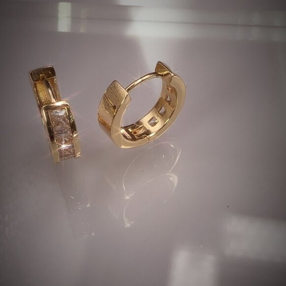 Gold Plated Hoop Earrings With Square CZ Stones - Picture 3 of 4